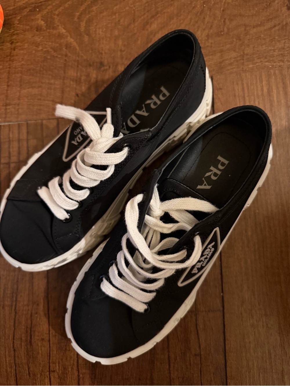 Prada Black Nylon Low-Top Sneakers with White Laces and Soles - Picture 2 of 2